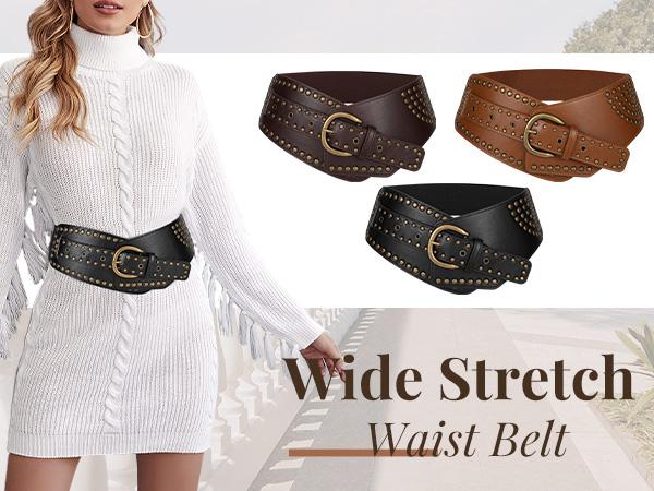 JASGOOD Women Vintage Wide Elastic Belt Studded Stretchy Waist Belt with Rivets Metal Buckle