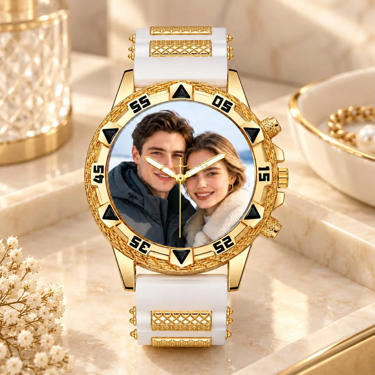 Personalized Photo Watch for Men, Custom Couple Picture Sports Wristwatch with Black Strap, Romantic Anniversary Birthday Gift for Him