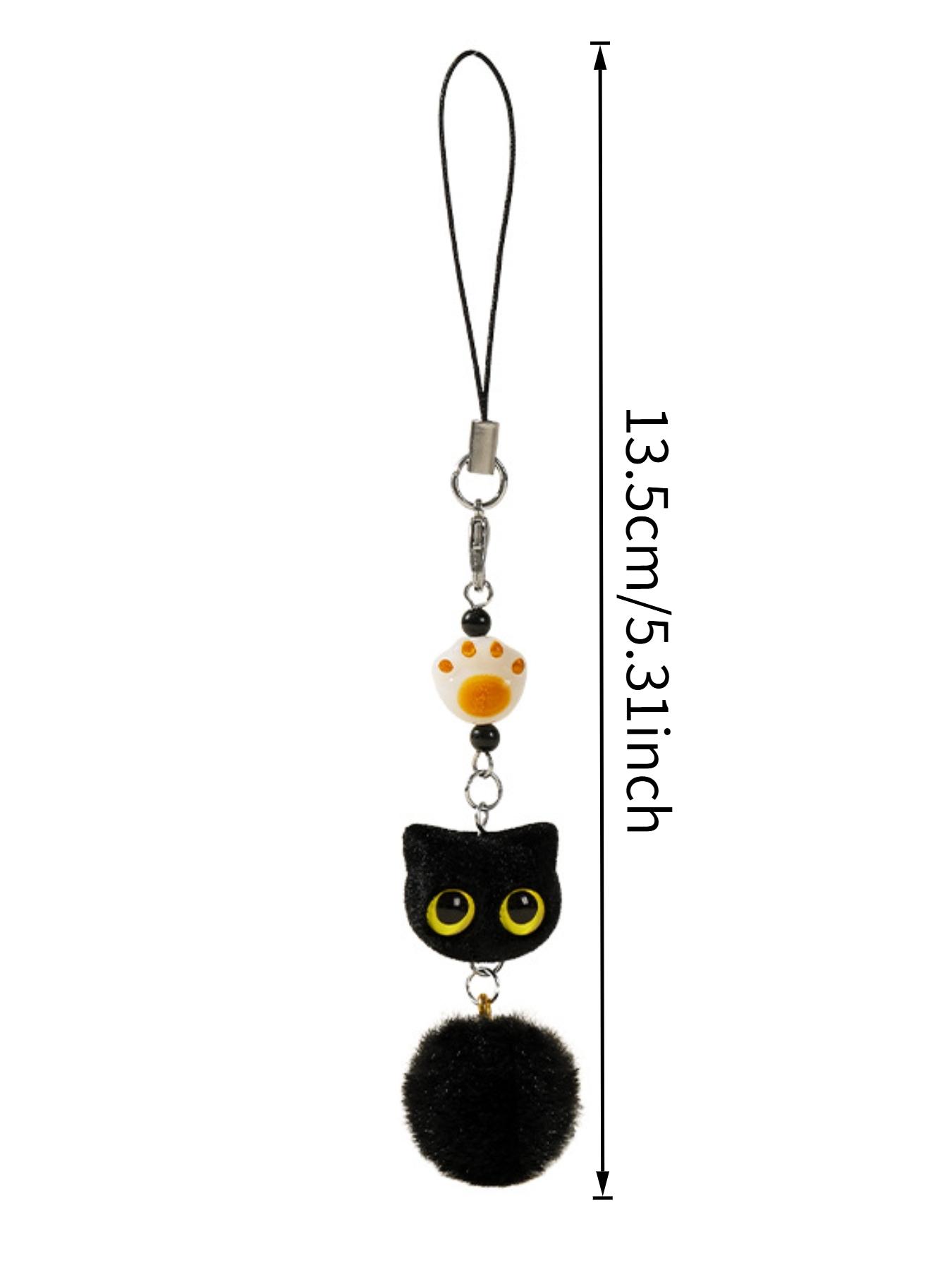 Flocked big-eyed black cat cartoon phone chain pendant, exquisite and cute beaded bag keychain pendant, children's gift