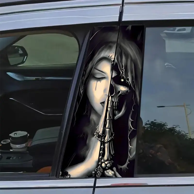 Skull & Witch Figure PVC Vinyl Decal - Premium 19.6 x 9.8 Inches Auto Accessories, Water Resistant, Anti-Scratch Sports & Outdoor Protective Vinyl Stickers for Car Window, Cool Car Decorations