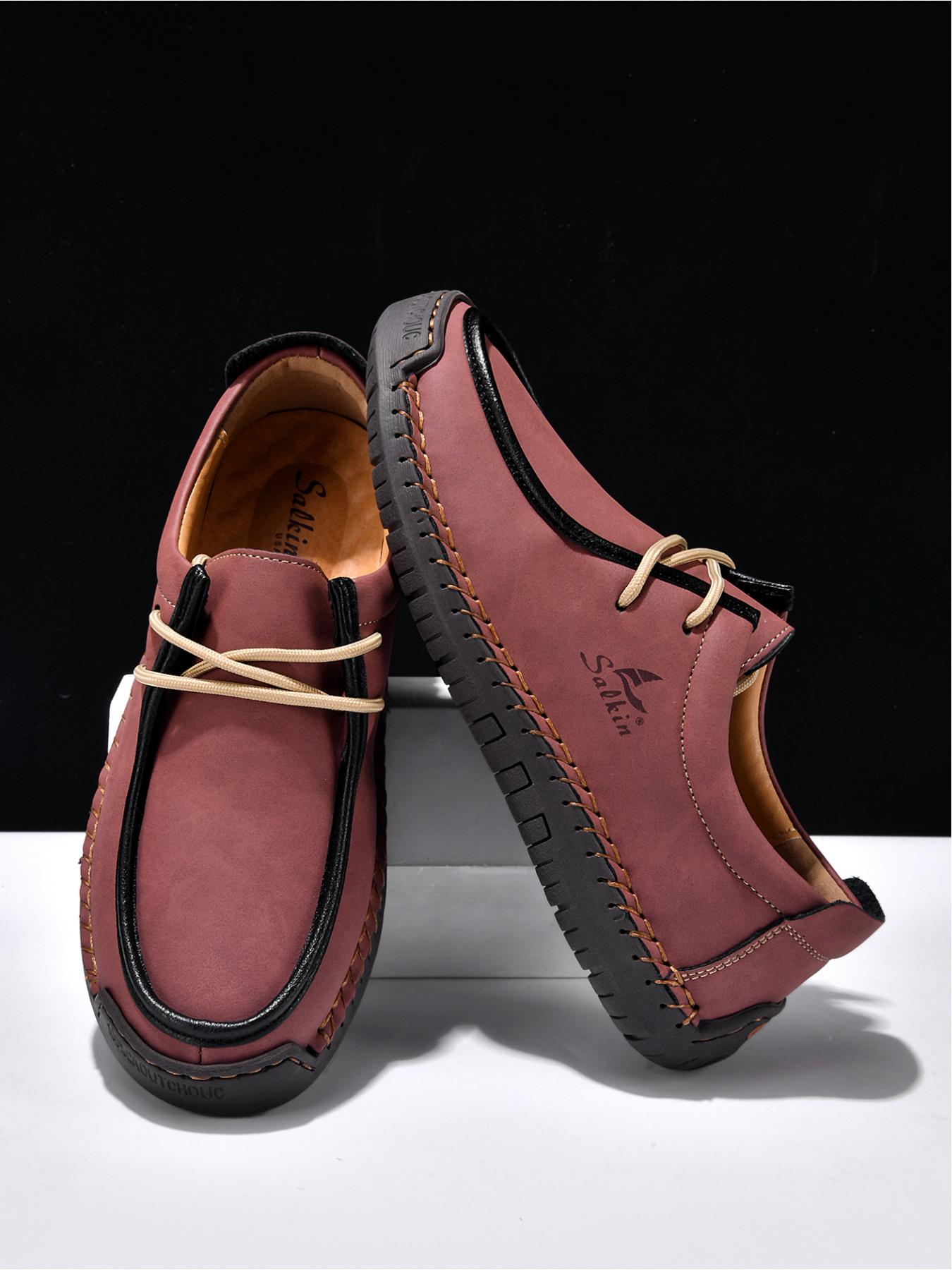 Men's Black Hand-Stitched Casual Shoes, Soft Sole Non-Slip Slip-On Driving Shoes, Dad Shoes