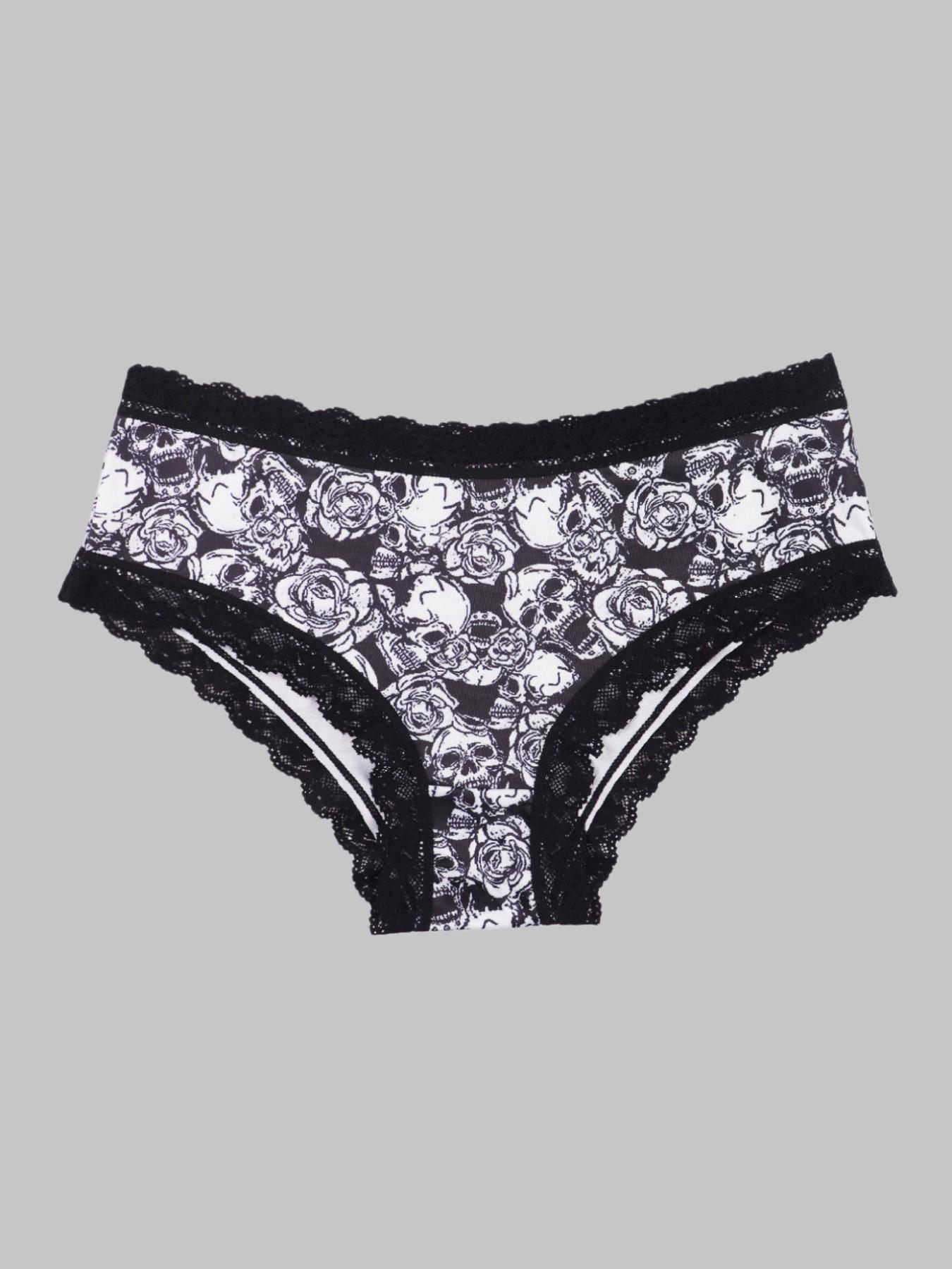 Morvia 6Pcs Gothic Alt Girl Panties Underwear, Dark Lace Lingerie, Soft Cotton Crotch, Emo Punk Vampire Style Knickers, Assorted Spooky Prints, Comfort Daily Wear