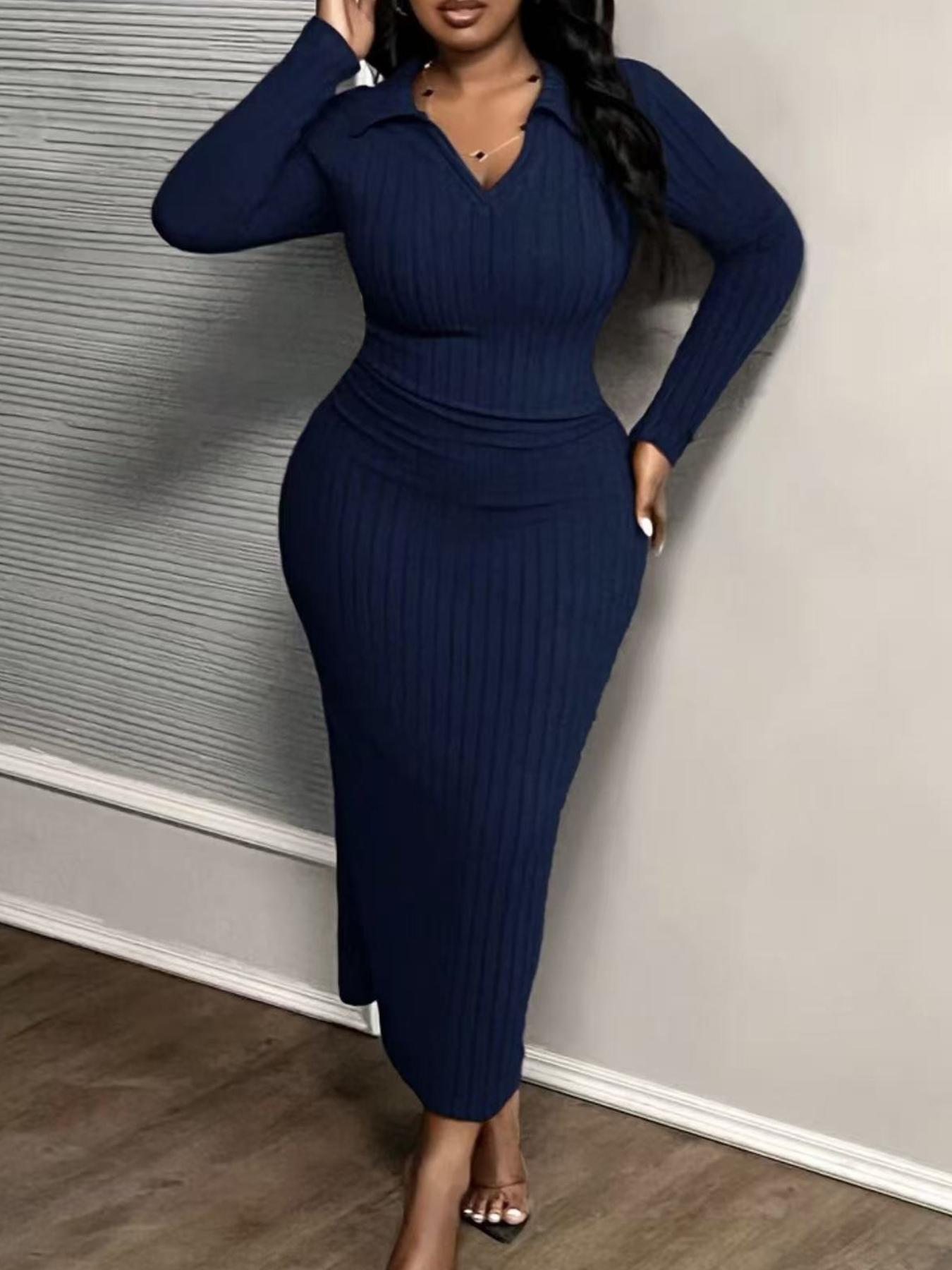 【Plus Size】1 Piece Plus Size Ribbed Knit Midi Dress with Collared V-Neck, Elegant Casual Style, Stretchy Fabric & Bodycon Fit, Flatters Curves Perfectly, Suitable for Plus Size Women's Office, Dinner Dates & Weekend Events