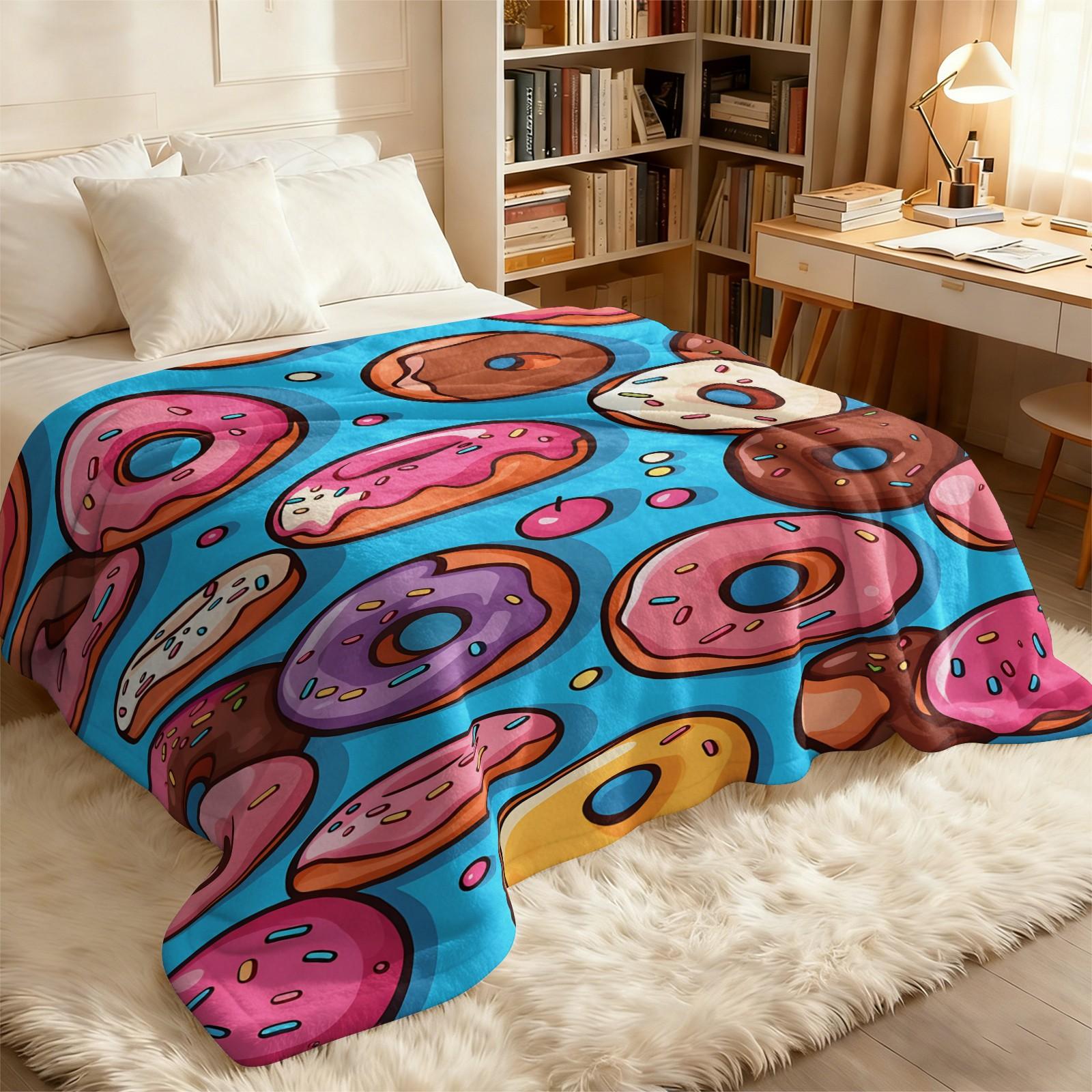Colorful Donut Print Flannel Throw Blanket, Soft Warm Cozy Fleece Blanket for Couch Bed Sofa, Cute Cartoon Doughnut Decorative Blanket, All Season Plush Blanket, Perfect Gift Blanket for Home Decor, Travel, Nap, All Ages