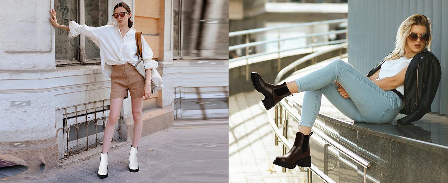 IDIFU Women's Chunky Platform Chelsea Boots, Women's Elastic Ankle Chelsea Boots, All Weather Boots, Comfortable Insole Shoes