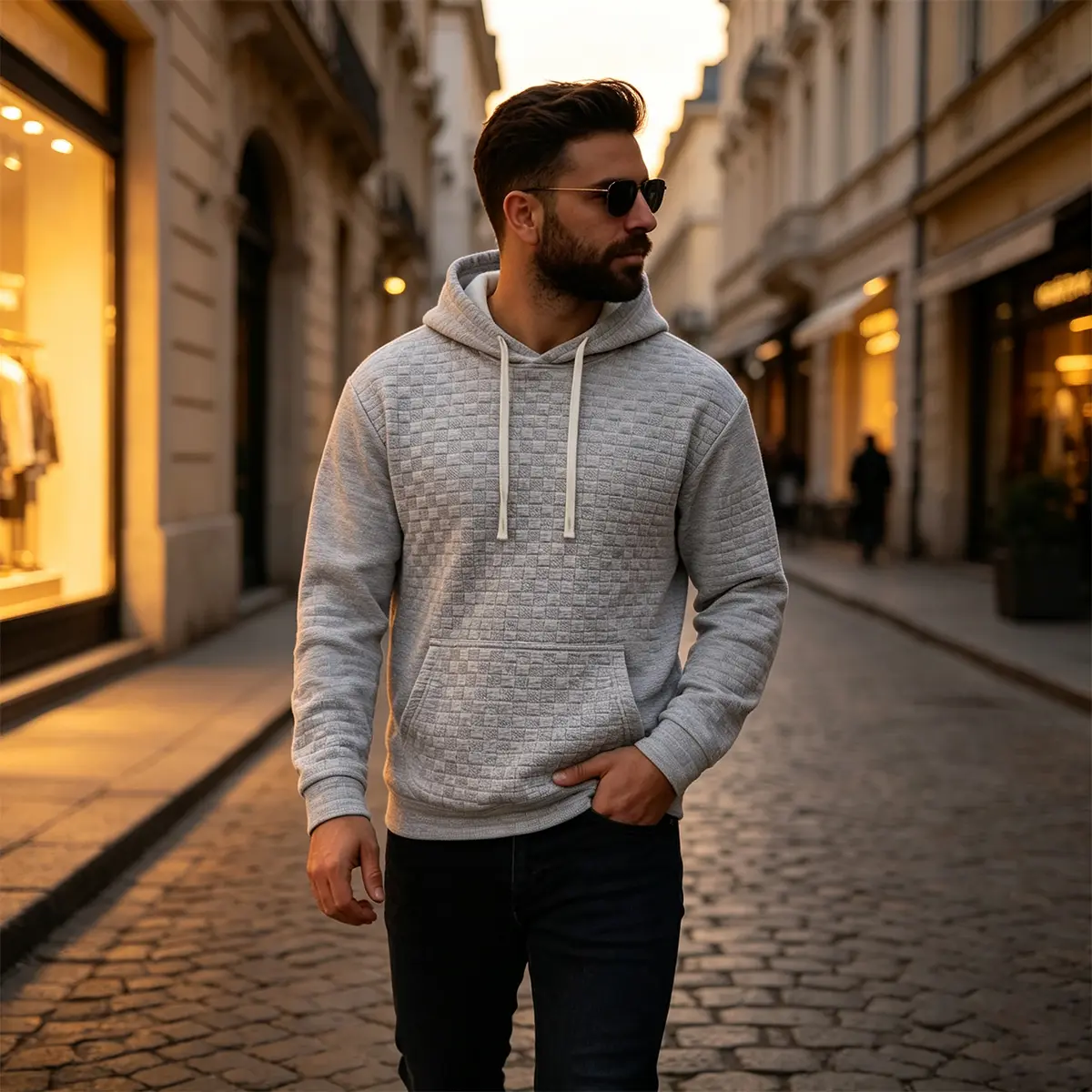 Men's premium checkered texture hooded sweatshirt with exquisite embossed checkered body, adjustable drawstring and practical front pocket, soft long sleeved hooded top, suitable for friend gatherings, city shopping, and daily street wear.