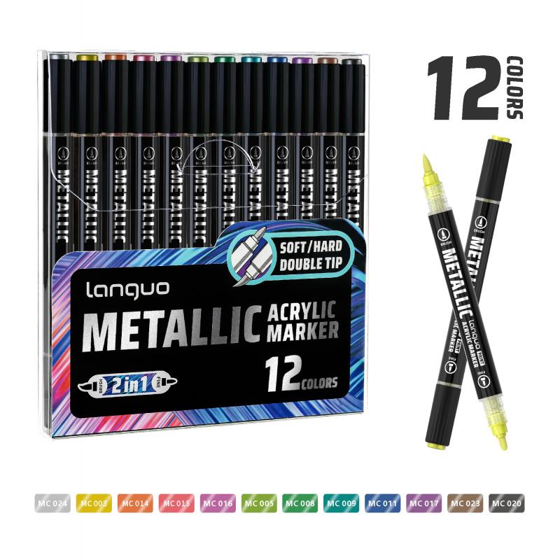 Acrylic Paint Metallic Markers, Automatic ink control Dual Tip (Brush & Fine)for Black Paper & Rock Painting Metallic Acrylic Paint Markers for DIY Crafts, Scrapbooking, Glass, Wood, Drawing Markers