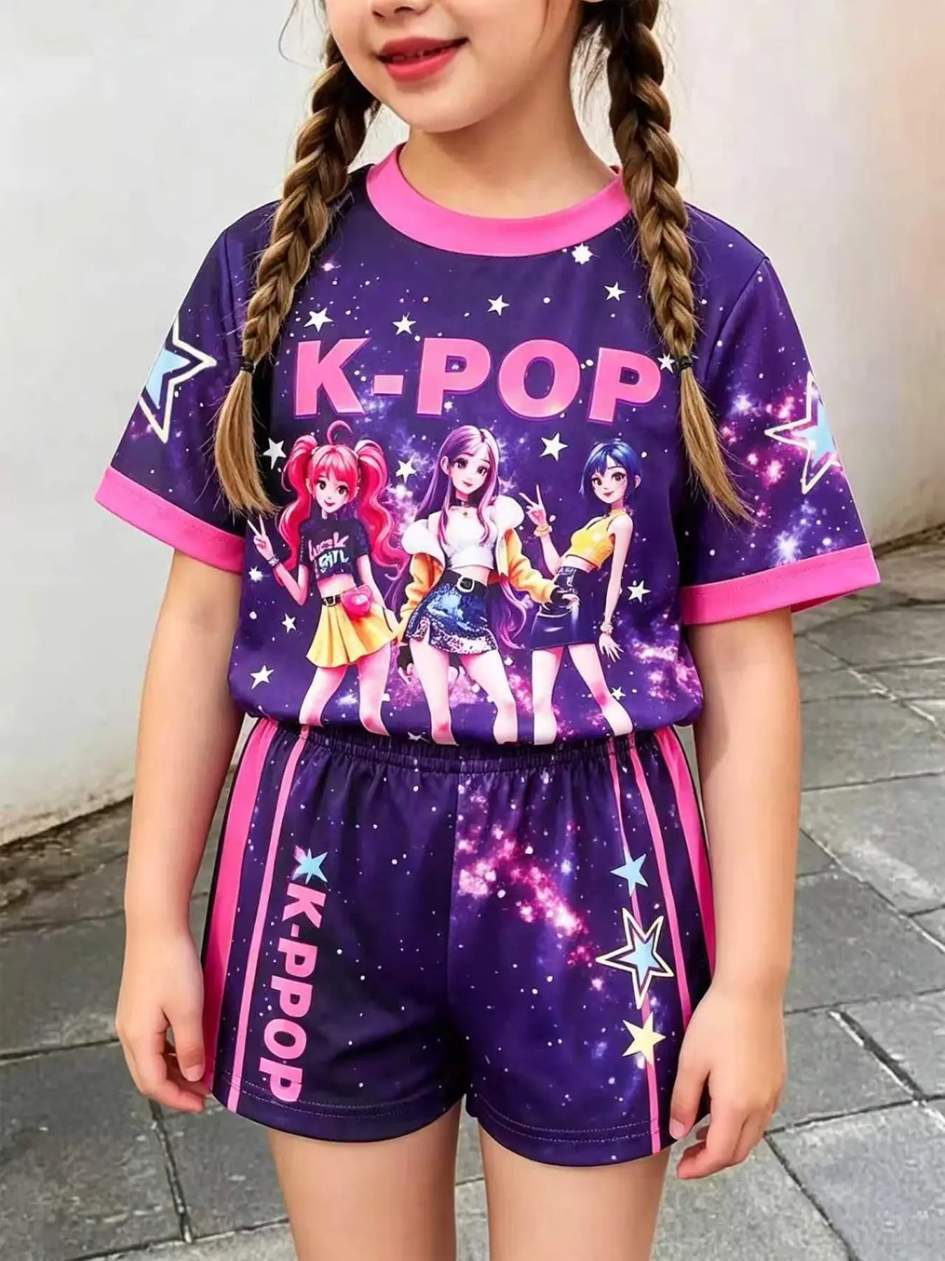 Kids' Starry Idol Set, Anime Girl Print, Graphic Print Set, Short Sleeve and Shorts Two-Piece, Casual Outfit Set, Casual Slim-Fitting Suit, Summer Clothes Set, Summer Outfits Set