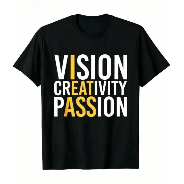 Vision Creativity Passion Yellow Accent Bold Motivational Block Text Graphic Short Sleeve T-Shirt, Unisex Summer Back To School Hustle Office Casual Tops, Printed Craft Summervibes Tee, Soft Breathable Loose Fit daily outfits