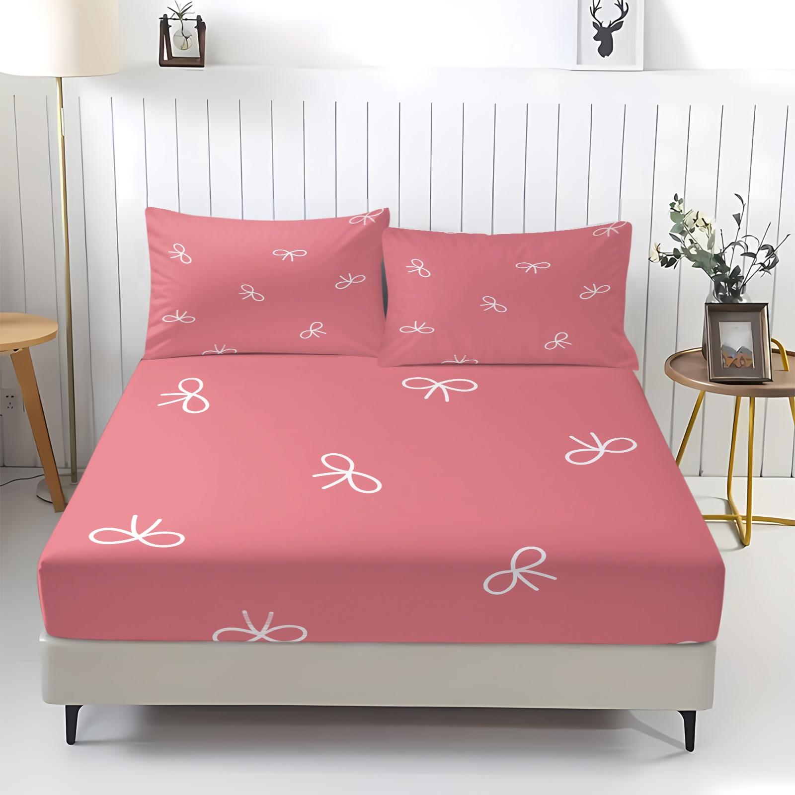 Pink bow bed sheet with comfortable printed pattern, including 1 bed sheet and 2 pillowcases, comfortable bedding, anti slip dust cover suitable for bedrooms and guest rooms, suitable for adult bedroom and guest room decoration gifts, Bed Sheets Set