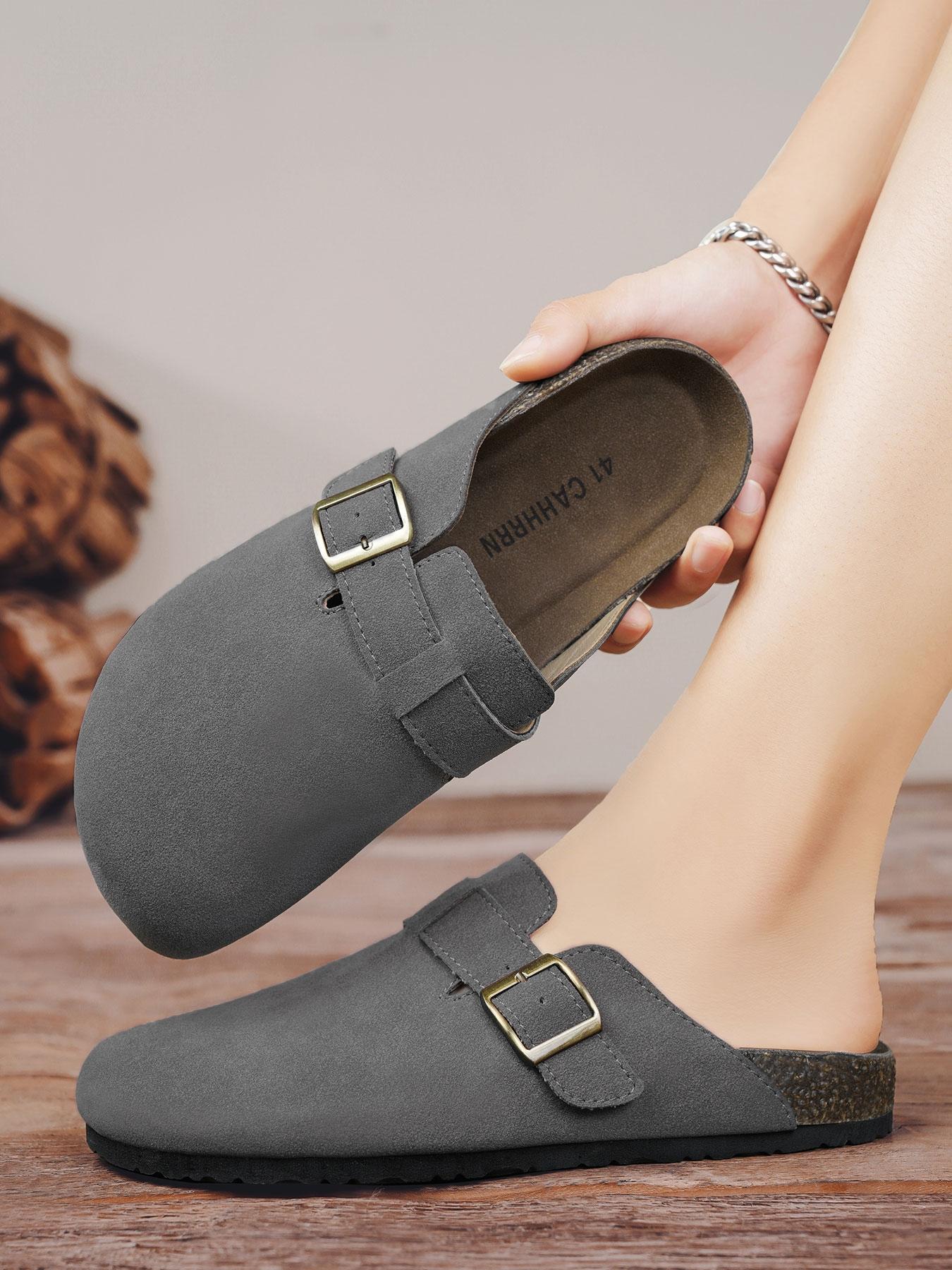 Men's Gray Suede Buckle Cork Insole Mules, Casual Comfort Style, Suede Material + Cork Insole + Metal Buckle + Non-Slip Sole, Comfortable Breathable, Simple Versatile , Ideal for Daily Home & Light Leisure Outings, Casual Shoes Clogs