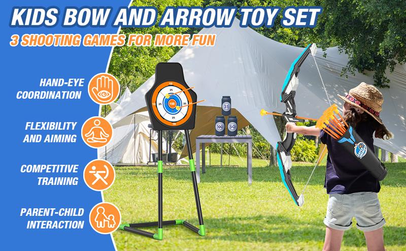 Bow and Arrow for Kids, LED Light Up Archery Set with 12 Suction Cup Arrows, 1 Standing Target, 3 Score Targets & 1 Quiver, Indoor Outdoor Sport Gifts for Boys Girls Ages 3-12, Green/Blue