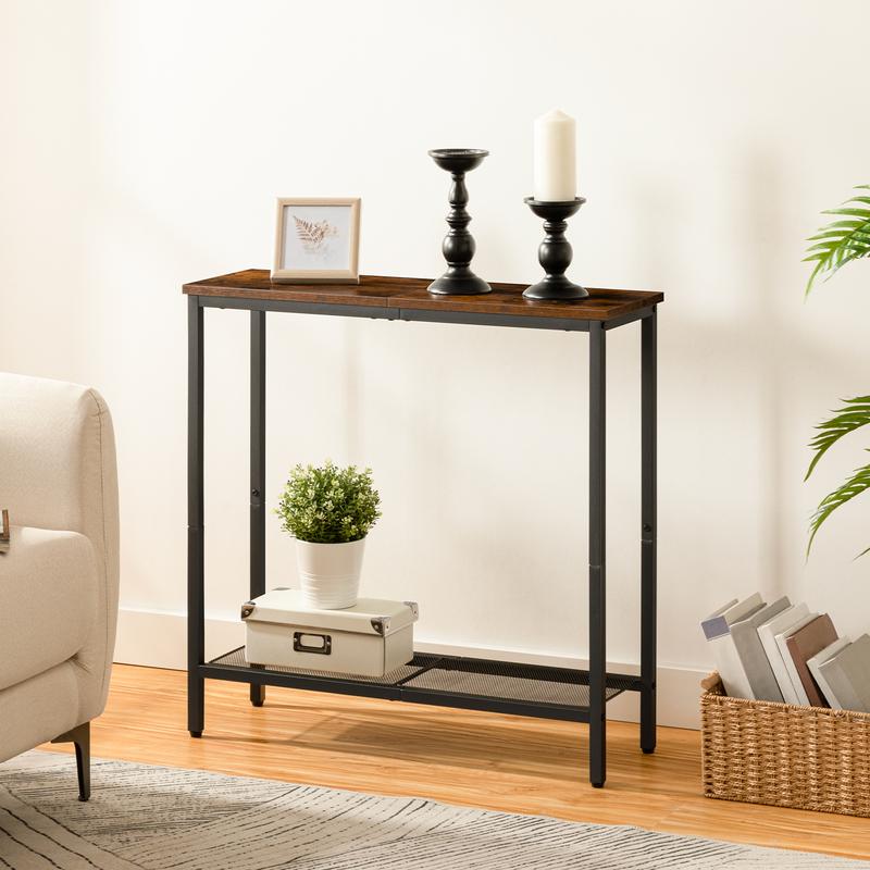 HOOBRO 2 Tier Thin Sofa Table, Side Table, Display Table,  29.5" Narrow Console Table, Small Entryway Table with Shelf,  for Hallway, Living Room, Bedroom, Rustic Brown and Black