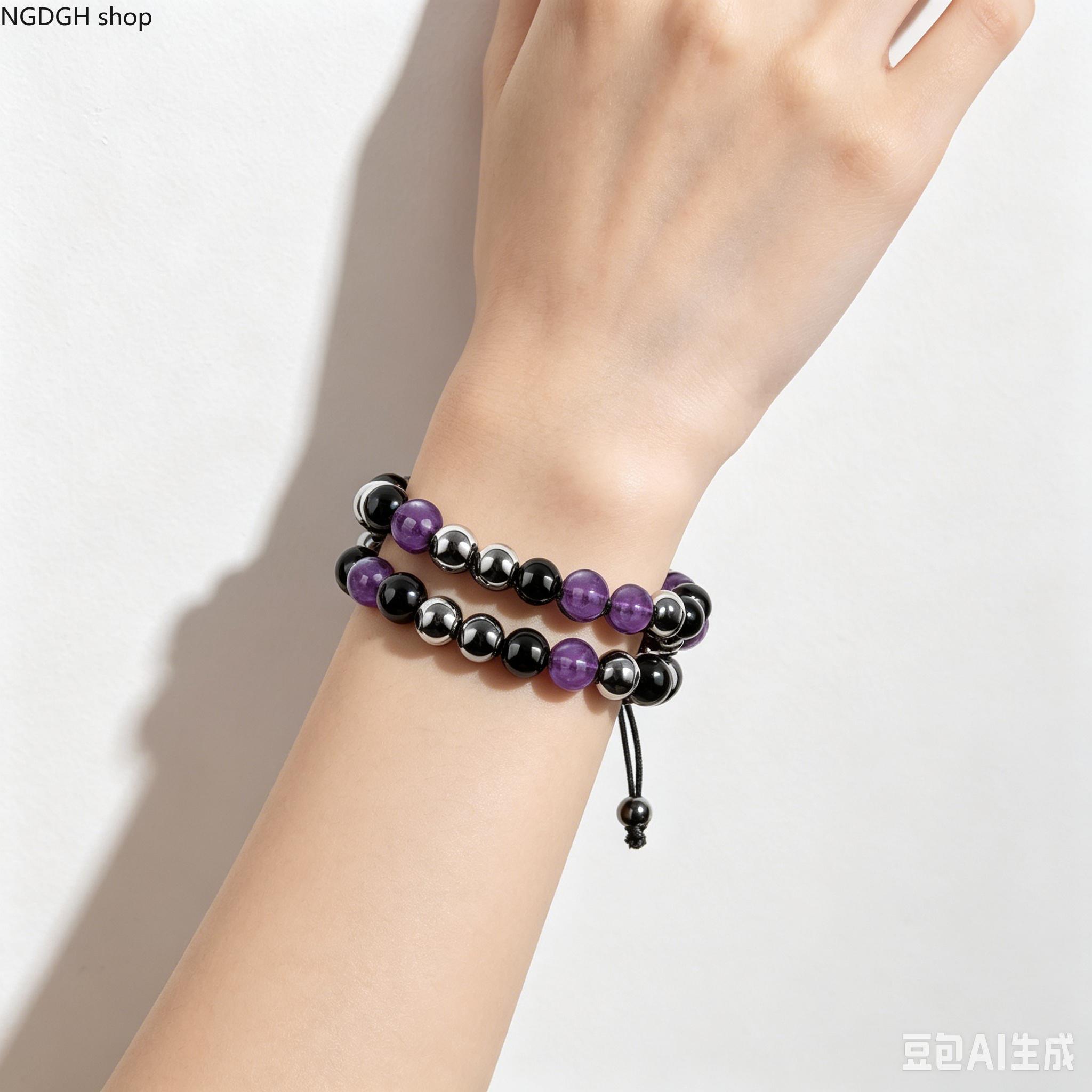 Magnetic Hematite-Amethyst Crystal Adjustable Healing Bracelets Jewelry - Male Adult Stress & Pain Relief Energy Magnet Accessory for Wellness Routine, No Extra Tools Needed for Adjustment, Energy Magnet Bracelet, Adults, Crystal Bracelets