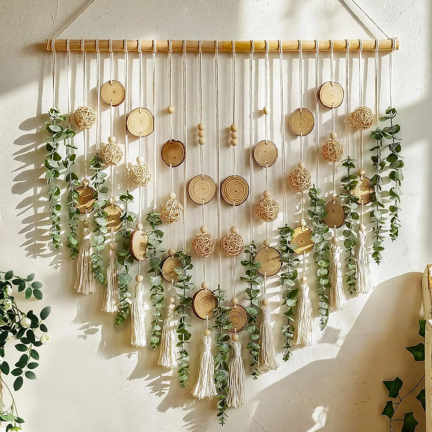 Artificial Eucalyptus Wall Decor Hanging, Boho Bathroom Wall Decor, Fake Greenery Leaves Stems with Wicker Balls Tassels on 33.1" Stick, for Living Room, Bedroom, Kitchen, Home Office