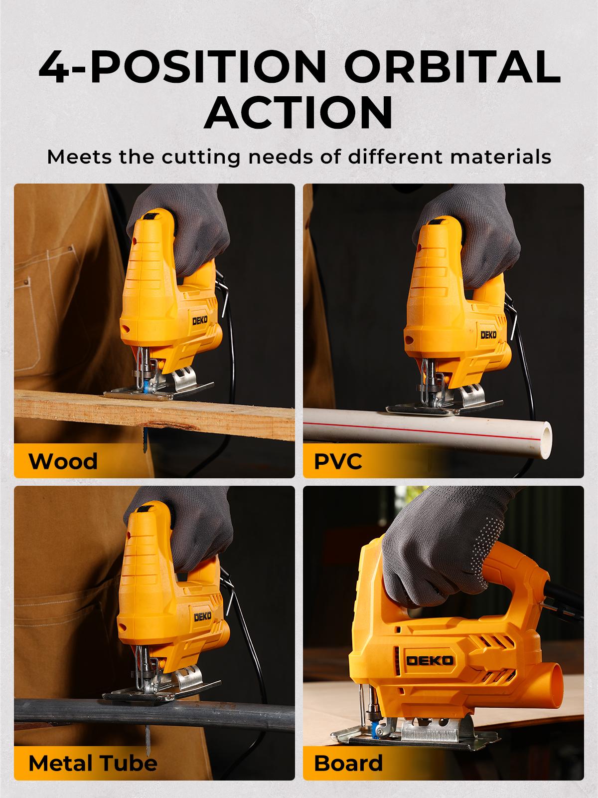 DEKO 400W Electric Jigsaw | 8 Blades Included | 0-3000RPM Variable Speed | 45° Bevel Cutting | Multi-Purpose Power Tool for Wood, Metal & DIY | Professional Cutting Saw