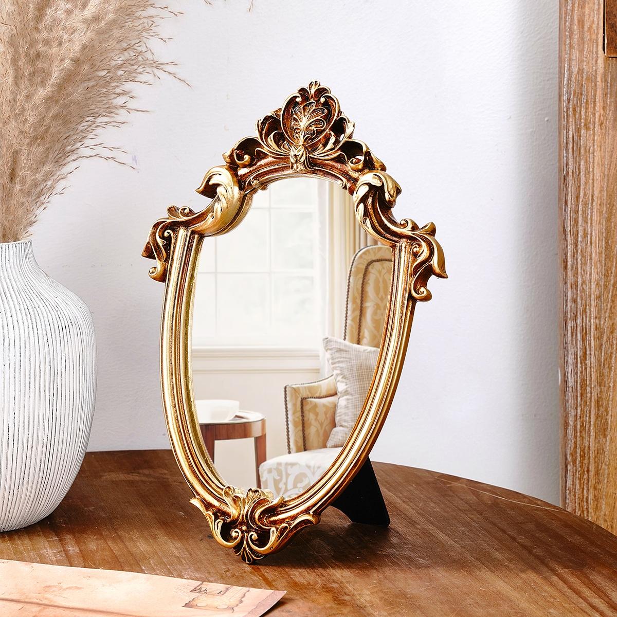 European Classical Gold Pattern Mirror Decorative Ornament, Wall-Mounted or Tabletop, Home Wall Decoration, Vanity Mirror