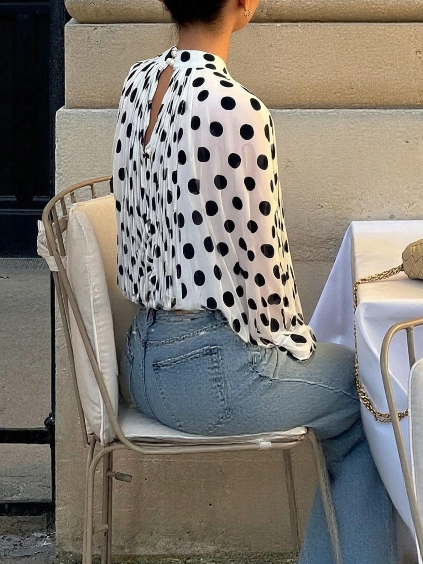 Women's Polka Dot Sheer Chiffon Blouse, Bow Tie Neck & Long-Sleeve Top, Loose Fit Elegant Feminine Shirt for Casual Daily, Party, Commute & Vacation Wear, Spring Summer Layering