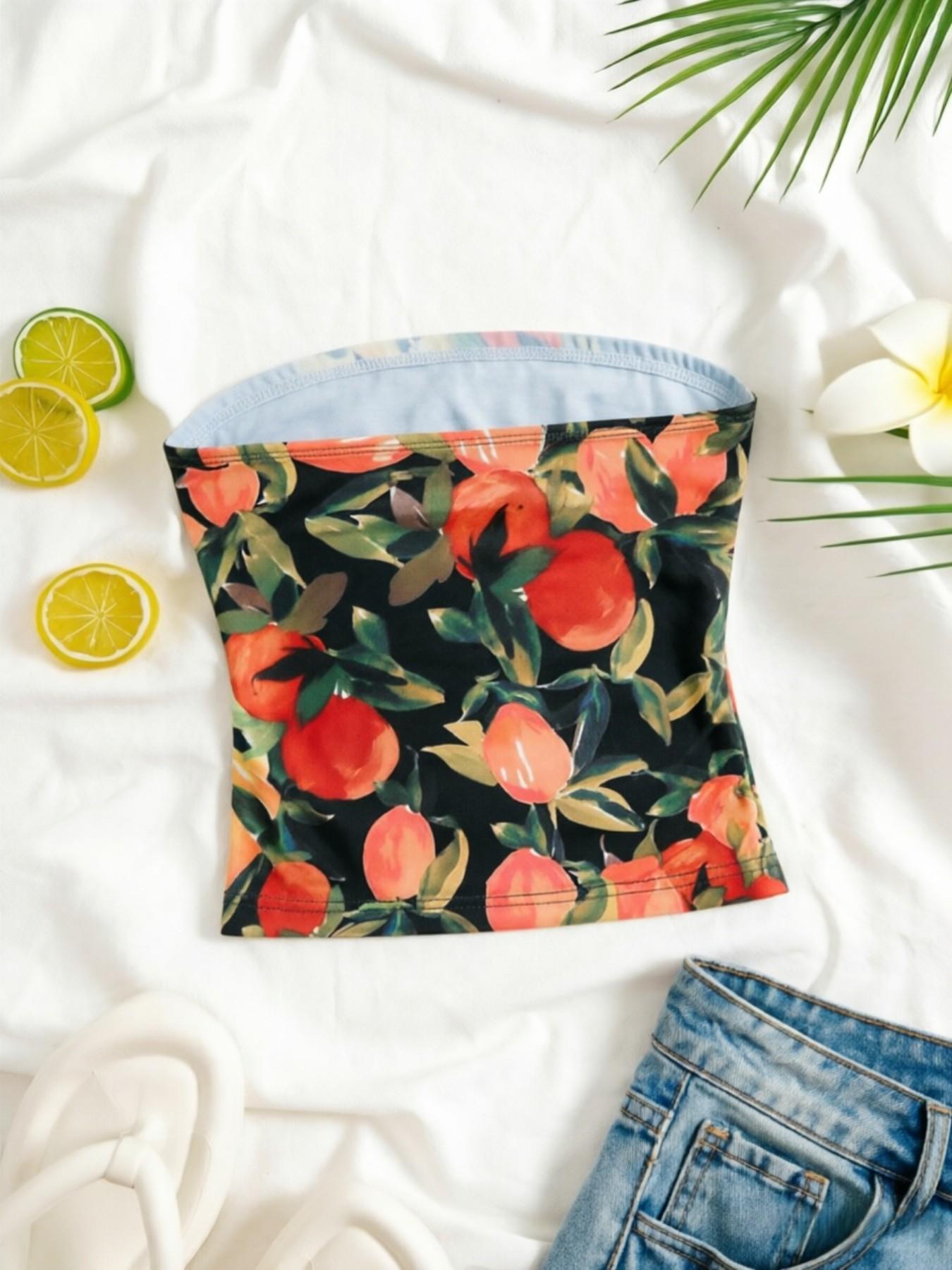 Three-Piece Summer Women's Fruit Print Strapless Short Top, Sexy Off-Shoulder Short Top, Vintage Lemon Peach Pattern Slim Fit Tube Top