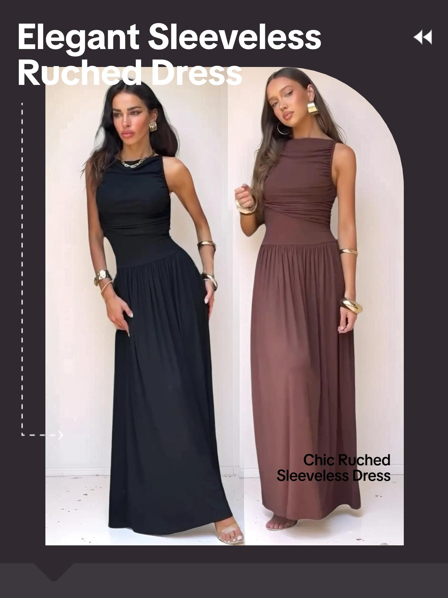 Women's Solid Color Slim Fit Ruched Woven Dress, Elegant Chic Sleeveless Long Dress for Party Holiday Wedding Guest, Ladies Clothes for Summer, Womenswear