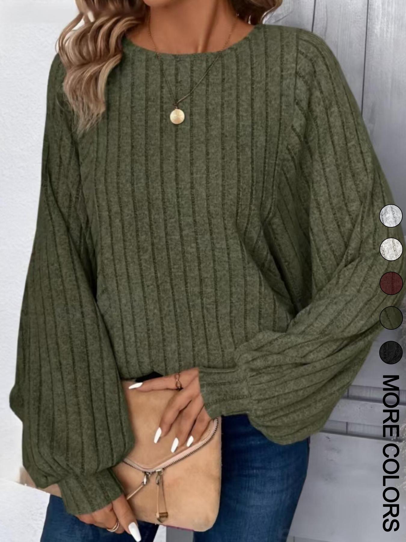 Women's Casual Loose-fit Thermal Top, Comfortable Plain Knitted Round Neck Lantern Sleeve Top for Fall & Winter Seasons Knitwear