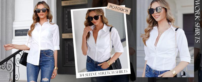 Women's Basic Button Down Shirts 3/4 Sleeve Stretch Button Up Dress Shirt Slim Fit Waitress Work Shirts Summertok citygirl Top Blouse