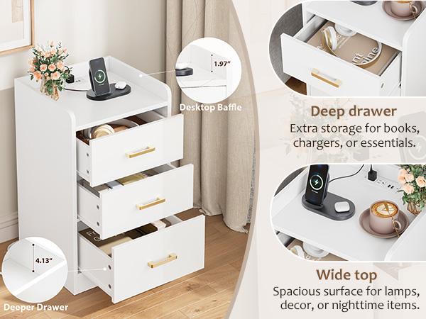 FOTOSOK Nightstands Set of 2 Black Nightstand with Charging Station, 3 Drawer Nightstand with Gold Handles, Side Table for Home Office