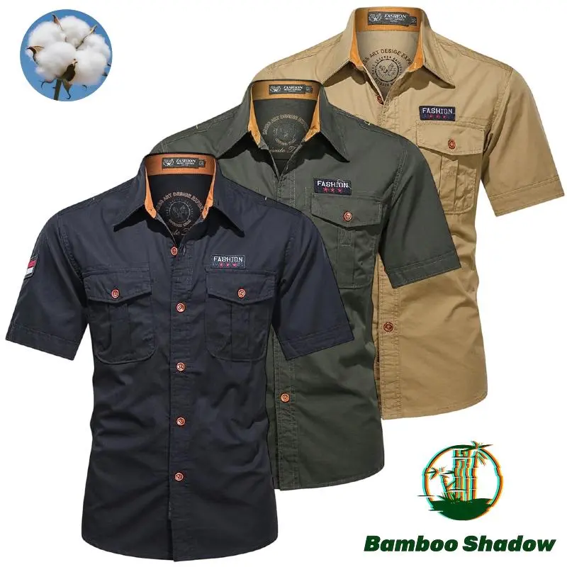 Bamboo Shadow Men's High Cotton Short Sleeve Button Down Shirts, Khaki Slim Fit Military Tactical Work Shirts with Dual Chest Pockets & Decorative Patches for Outdoor Safari Travel Casual Wear