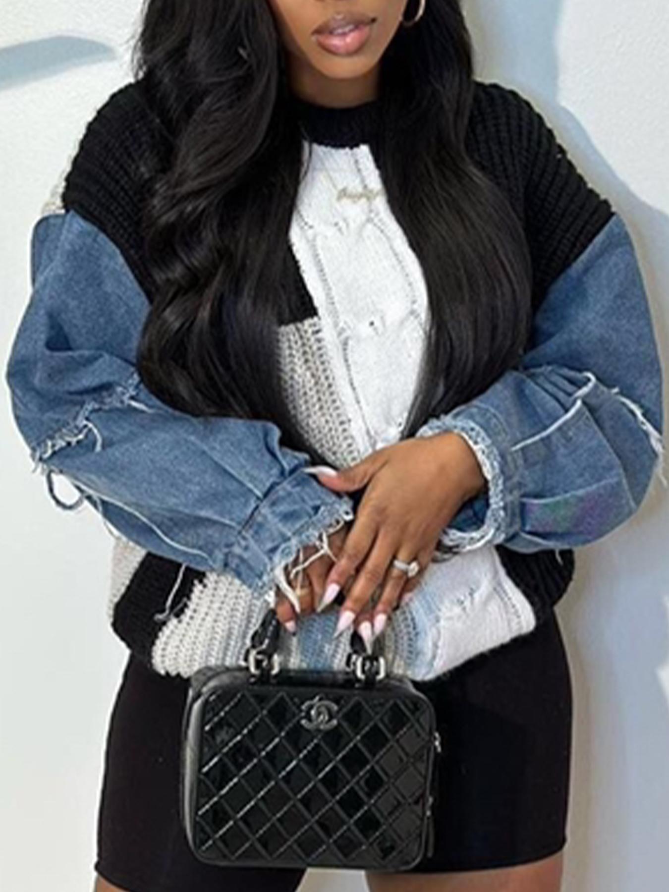 Women's Patchwork Sweater Pullover without Bottom, Casual Long Sleeve Jumper for Fall & Winter, Fashion Ladies' Knitwear for Daily Wear