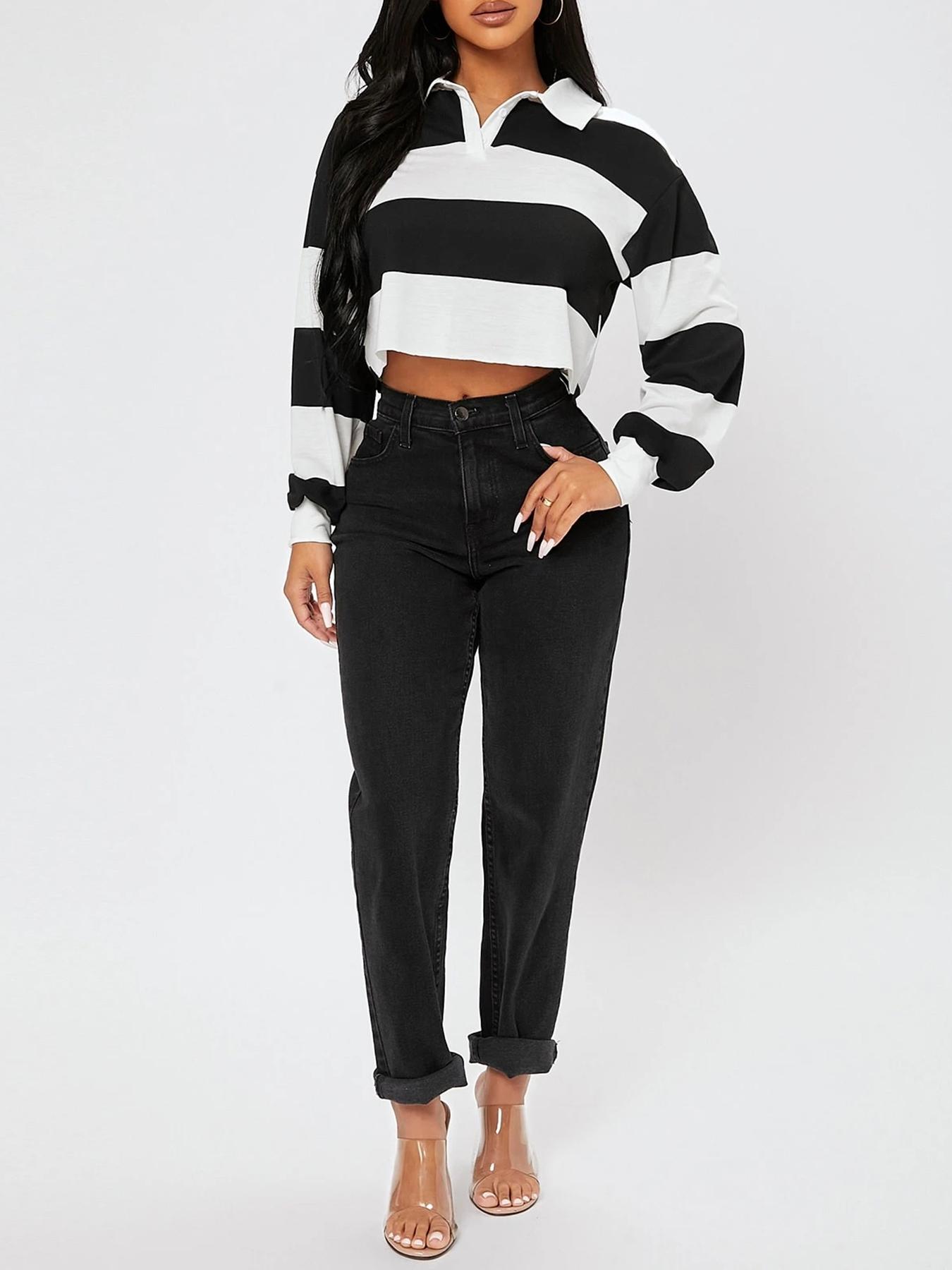 Women's Casual Striped Long Sleeve Shirt Collar Top, Fitted Woven Fabric, All Season Wear, Comfortable Commuter Style Tee, Casual Fashion Shirt, Womenswear