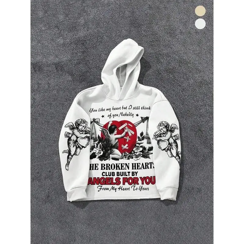 Unisex Gothic Hooded Sweatshirt with Angel Cupid Letter Print, Casual Long Sleeve Streetwear Pullover, Polyester Fabric