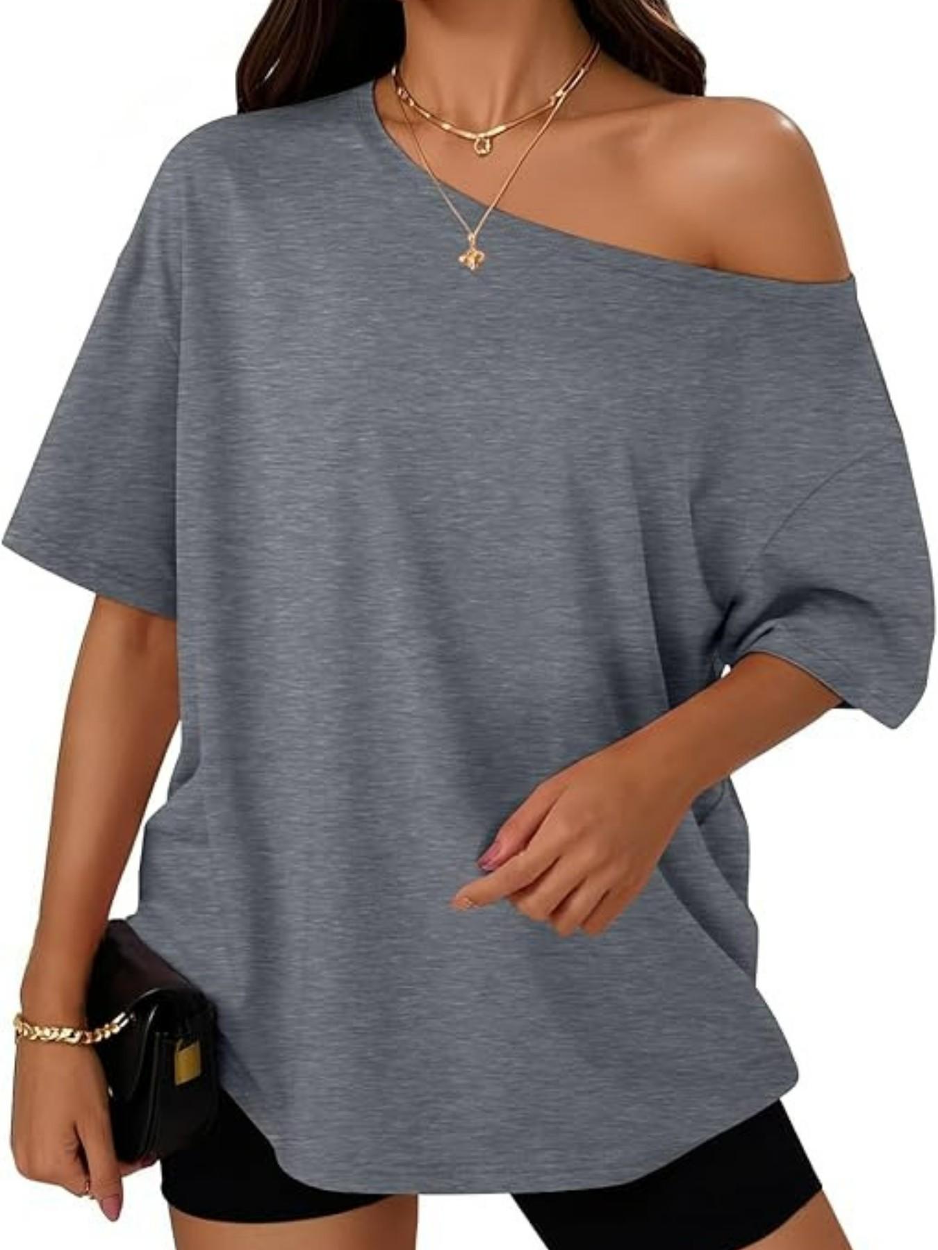 2026 Women Summer Casual Off Shoulder T Shirts Batwing Short Sleeve Loose Solid Color Basic Tee Tops