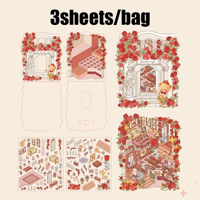 Romantic Bear Romantic House Series Scene Sticker Set, 4 Pieces, Floral Pattern Sticker, Decorative Wall Decals, Perfect for Home Decoration