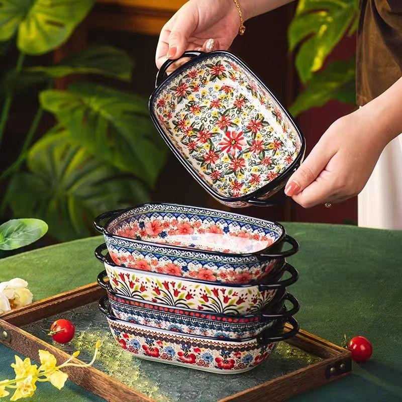 Floral Ceramic Baking Dish, Rectangular Casserole Dish, Bakeware, 730ML Rectangular Serving Bowl with Handle, Ideal for Rice, Salad & Cheese, Elegant Kitchen Accessory