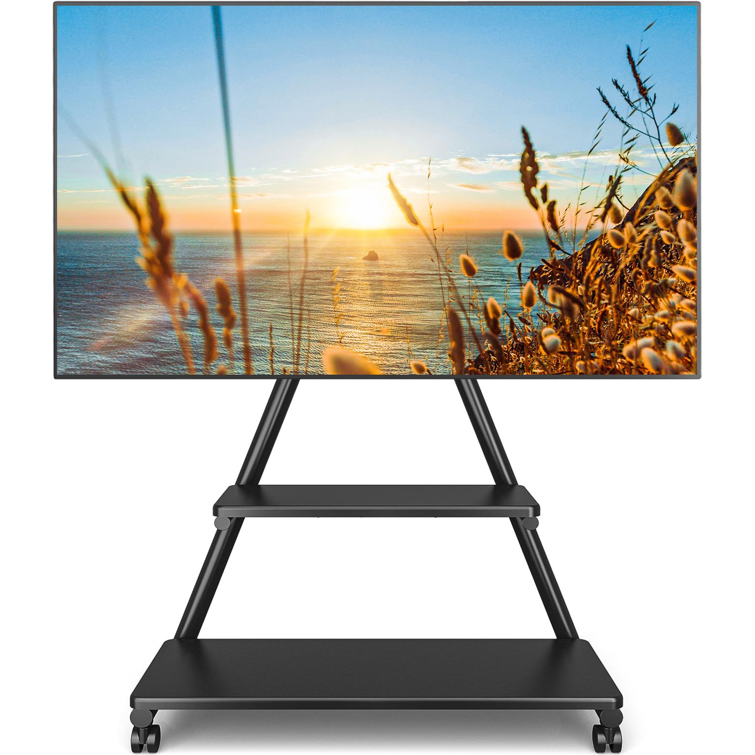 Rfiver Upgraded Rolling TV Stand for 43-80 Inch TVs up to 150lbs, ±12° Tilt & ±25° Swivel Adjustment Mobile TV Stand with Silent Wheel, Outdoor TV Stand with Dual Storage Shelf for Living Room