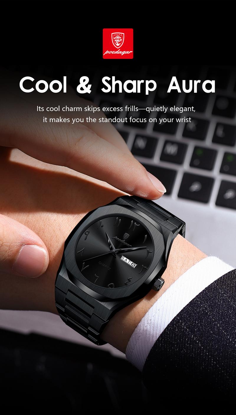 Poedagar men's military watch, waterproof luxury watch, weekly calendar men's watch, quartz stainless steel men's fashion watch, Modern Trendy Watch