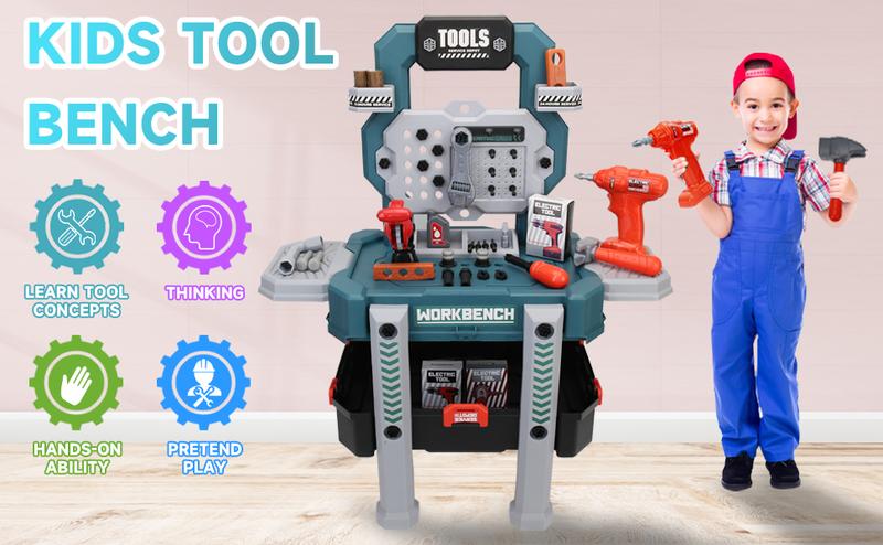 Kids Tool Set, Toddler Tool Bench Set with Realistic Tools Kit, Kids Workbench with Toy Drill, Pretend Play Learning Construction Toy Tool Set,Kids Tool Box for Boys Girls (Green)