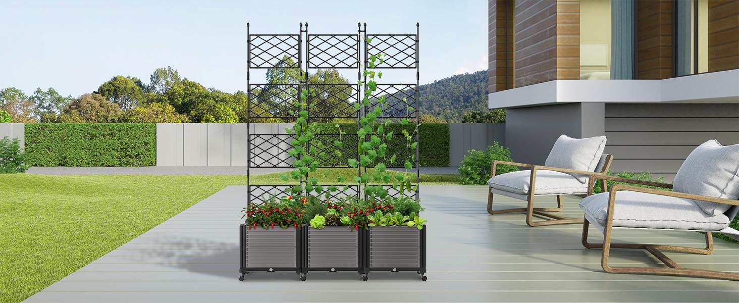 MOPHOTO Raised Garden Bed with Trellis & Wheels, Planter Box Privacy Screen Free-Standing Trellis for Vine Climbing Plants Flowers in Garden Patio Balcony