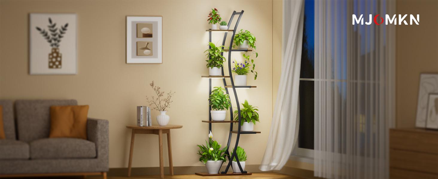 7-Tiered Decorative Plant Stand with Adjustable Grow Lights and Paint Finish - 62" Tall Metal Flower Display Shelf, Curved Design Pot Organizer Set for Living Room, Patio, Balcony Decoration, Standing Rack with Wall Strap for Indoor & Outdoors