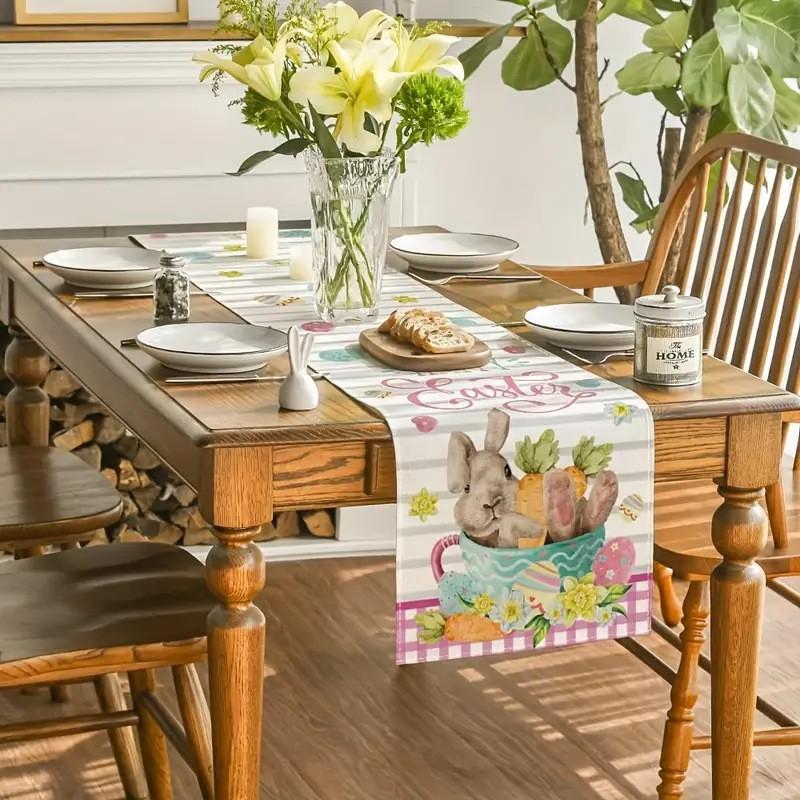 Easter Rabbit Table Runner with Floral Check Pattern, Spring Holiday Kitchen Dining Cover, Perfect for Easter Party Decoration
