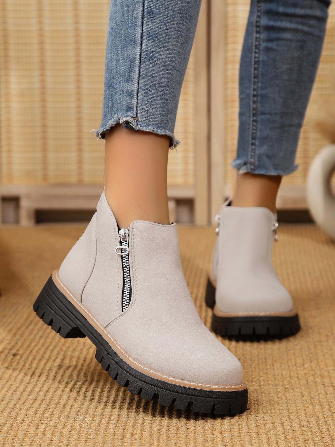 Women's Vintage Textured Thick Sole Chelsea Boots, Side Zipper Easy On/off, Height-Boosting Round Toe Short Boots, Anti-Slip Comfortable Outerwear