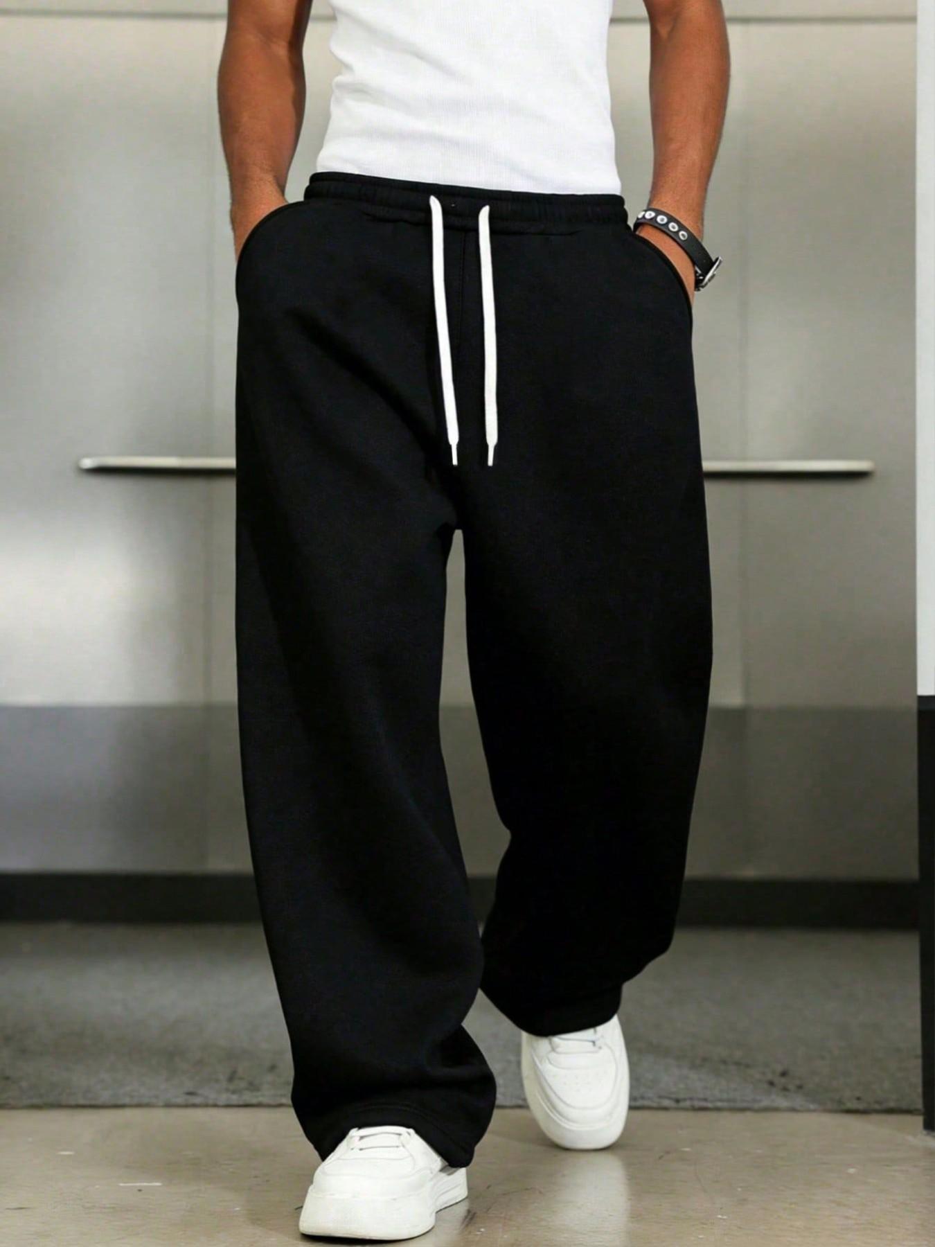 Men's Warm Fleece Wide Leg Sweatpants, Elastic Waist, Loose Fit, Casual Street Style, Athleisure Menswear, Fall & Winter, Ankle Length, with Pockets