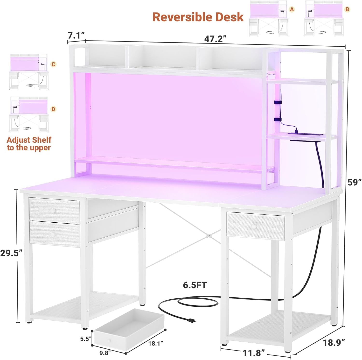 Gaming Desk with Hutch, 47.2'' and 55.2'' Computer Desk with Drawers, Reversible Office Desk with Storage Bookshelf Large Workstation Desk with Shelf