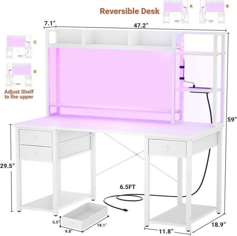 Gaming Desk with Hutch, 47.2'' and 55.2'' Computer Desk with Drawers, Reversible Office Desk with Storage Bookshelf Large Workstation Desk with Shelf