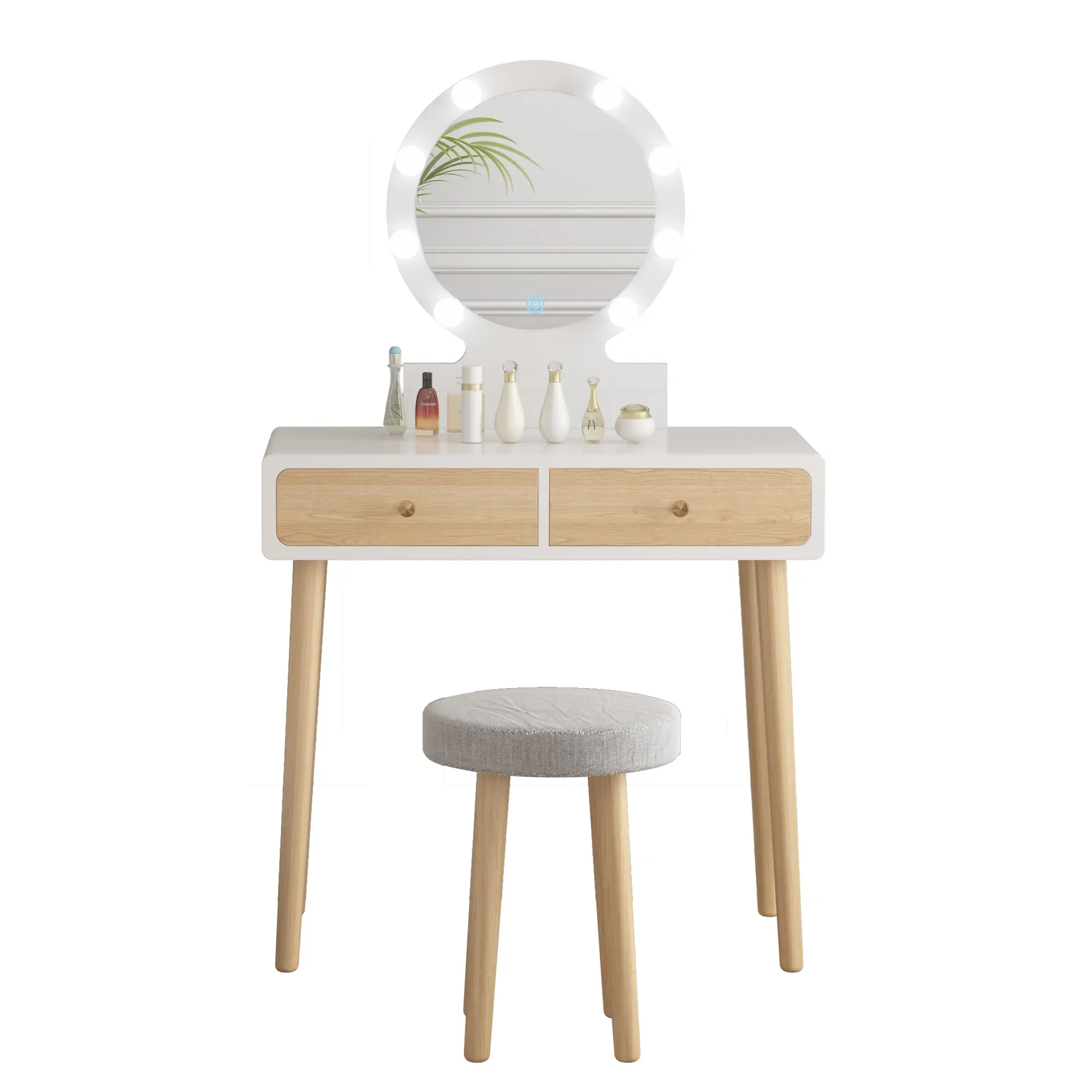 White Vanity Desk with Bulb Mirror, 3-Color Touch Control, 2 Drawers, Includes Stool, 31.5 x 15.75 x 50.6 Inches