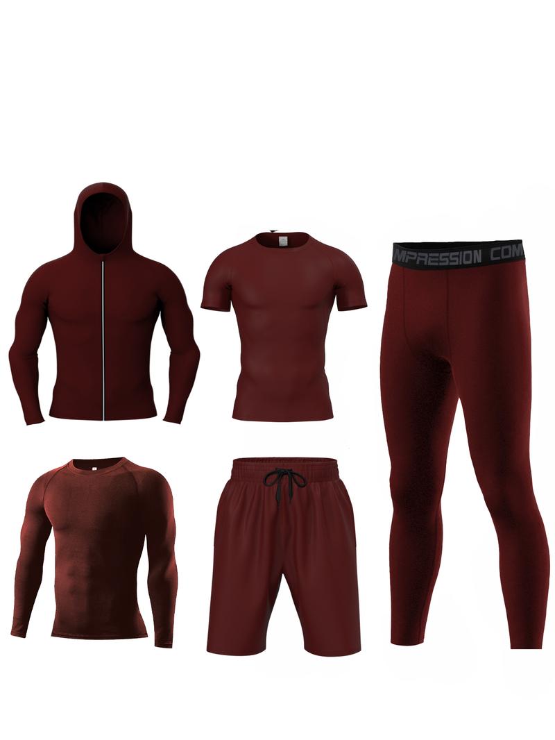 Men's Solid Tracksuit Set, Sporty Zipper Hooded Jacket & Top & Short Sleeve Tee & Letter Tape Waist Leggings & Drawstring Shorts, Casual Summer Outfits
