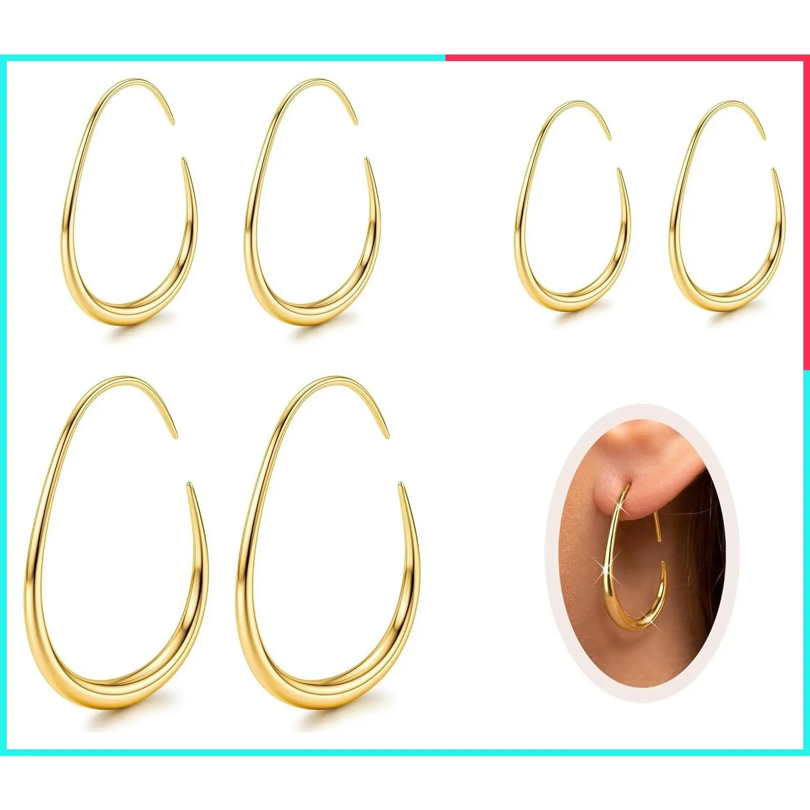 3 Pairs 14K Gold Plated Teardrop Hoop Earrings for Women Hypoallergenic 316L Stainless Steel Thin Oval Pull Through Earrings for Sensitive Ears Lightweight Waterproof Set
