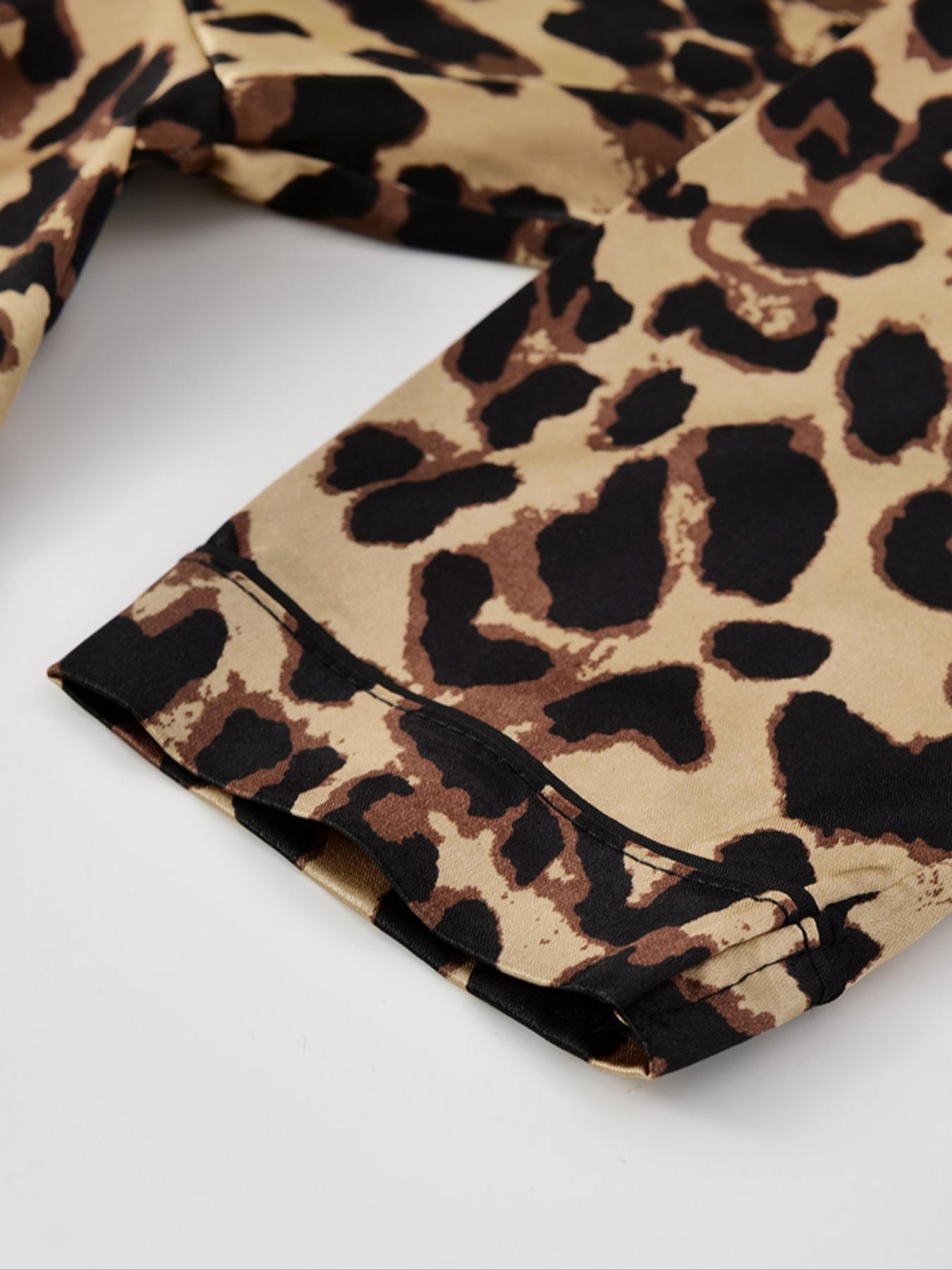 Women's Leopard Print Satin Pajama Set, Heart Jacquard Striped Sleepwear, Casual Fitted Short Sleeve Button Front Top & Elastic Pants Women's Leopard Print Satin Pajama Set, Heart Jacquard Striped Sleepwear, Casual Fitted Short Sleeve Button Front Top & Elastic Pants