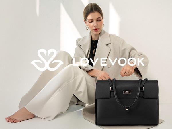 【Valentine's Day Gift】LOVEVOOK Retro Laptop Bag, Clamshell + Rotating button Design, PU Leather Women's Work Handbag Crossbody Bag, Waterproof Business Office Professional Handbag Shoulder Bag, Suitable for Most 15.6-inch Computers,TikTokShopJumpstartSale