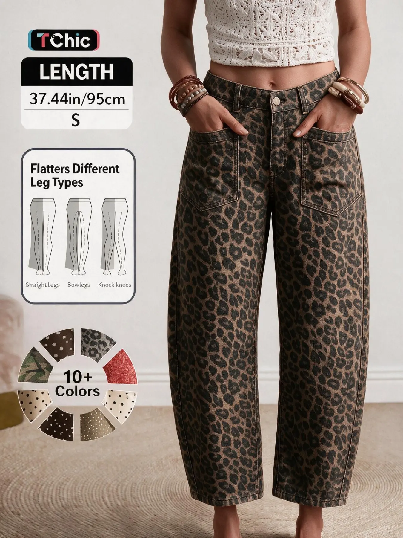 【Black Friday】Women's Leopard Print Wide Leg Jeans, High Waist Dual Pockets, Street Style, Music Festival, Vacation